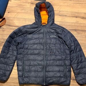 Eddie Bauer Dark Blue Puffer Jacket with Bright Orange Hood